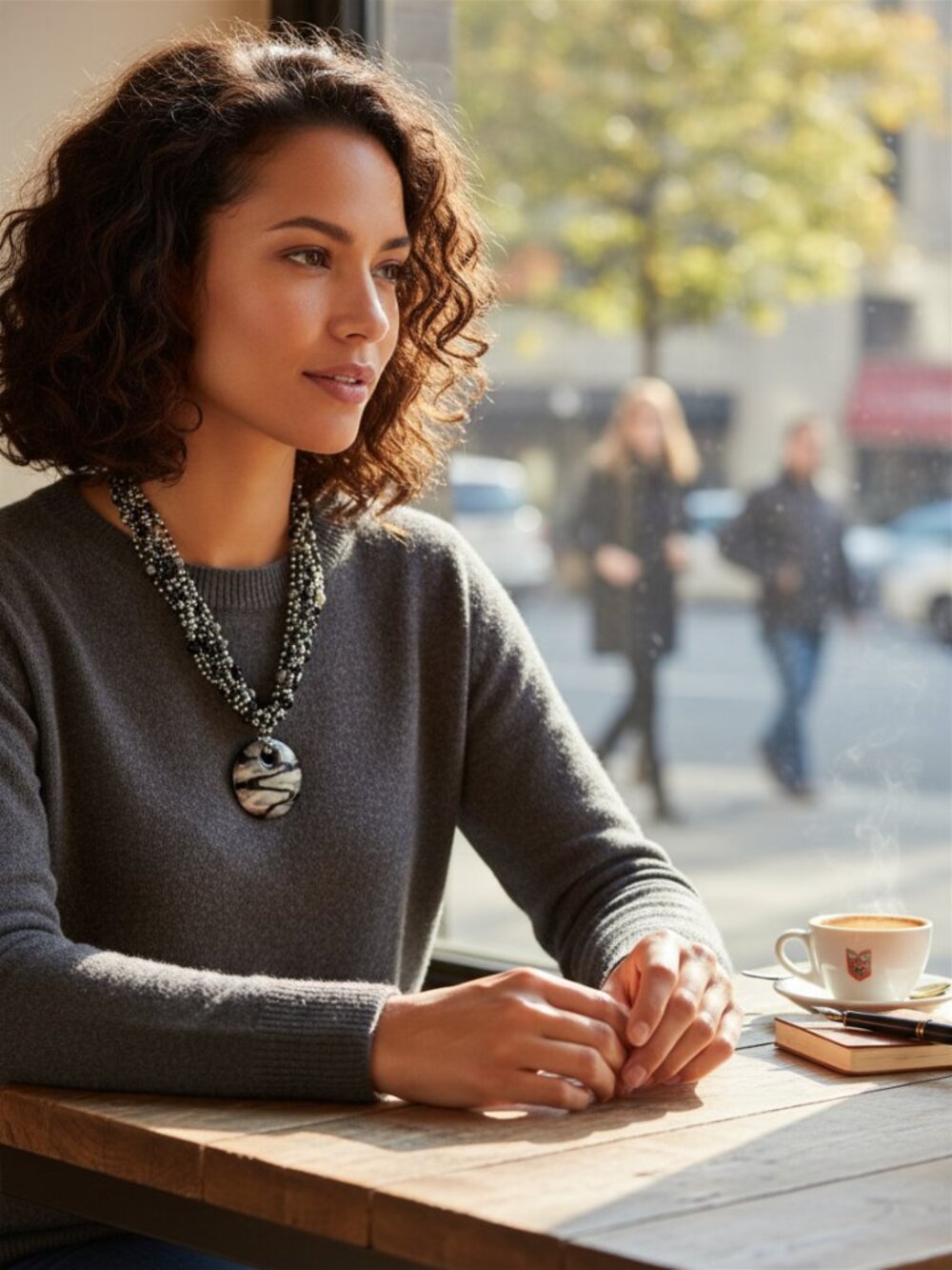 Black White Gold Multi Strand Beaded Statement Necklace Glass Pendant
